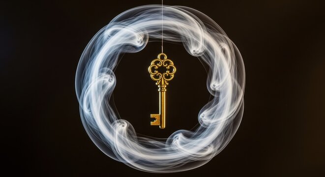 Elegant and mysterious vintage golden skeleton key with intricate classic metal engravings hanging suspended inside a perfect swirling circle of white smoke on a dark black background with dramatic