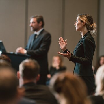 Female sign language interpreter in professional attire uses expressive hand movements and facial expressions translating at formal business venue.