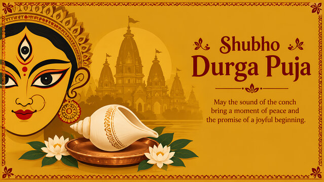 Durga puja and navratri greeting card featuring goddess face with conch shell, lotus flowers and temple silhouettes on a golden yellow background