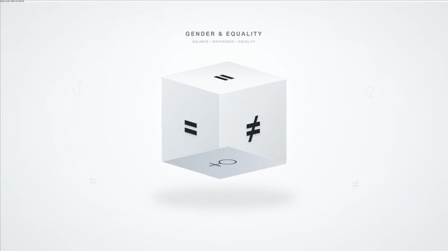 Male and Female Gender Symbols Rotating on Cube with Equality and Inequality Signs, Gender Equality, Social Balance, Diversity and Human Rights Concept