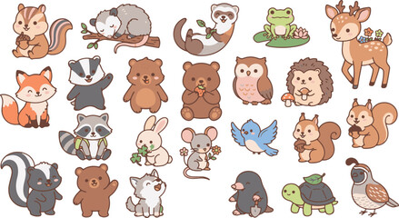Fototapeta premium Cute Woodland Animal Character Collection Featuring Squirrels Foxes Raccoons Bears Owls Rabbits Deer and Other Forest Friends