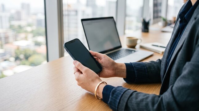 Professional person using smartphone while working at wooden desk with laptop, city view background, multitasking business communication workflow, remote work lifestyle