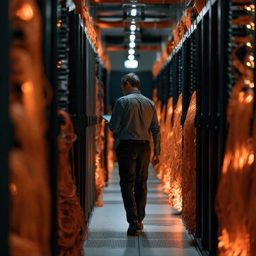 IT technician in casual wear walks through illuminated server room corridor lined with orange cables and networking equipment in data center.