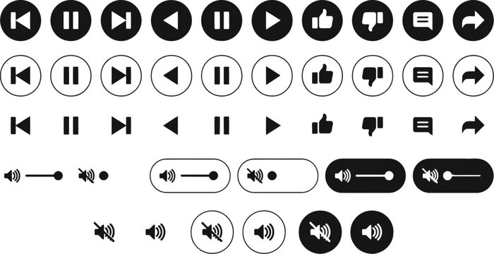 Black audio player interface buttons set featuring media control icons for web design and mobile apps.