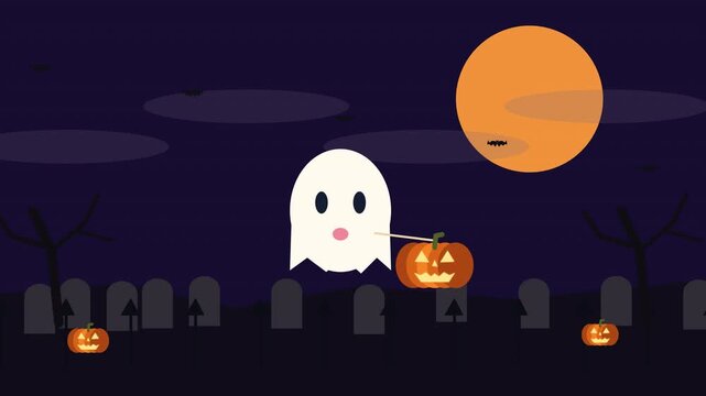 Halloween sale animation with ghost holding pumpkin in cemetery
