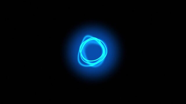 Abstract neon circle glowing on black background featuring dynamic blue energy lines in constant motion