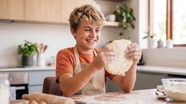 Young boy happily shaping dough while baking in a bright home kitchen.