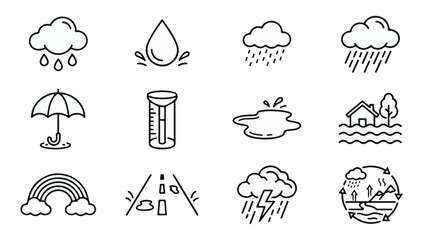 Obraz premium Rain and Water Weather Forecast Vector Line Icon Set, Rainfall Raindrop Water Cycle and Storm, Black Outline Art 