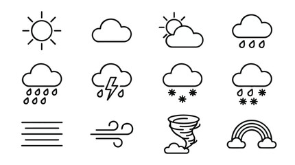 Obraz premium Meteorological Weather Forecast Vector Line Icon Set, Sun Cloud Rain Snow Tornado Rainbow, Black Outline UI Art 