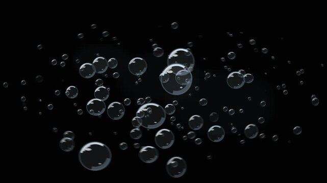Bubbles rising in dark water with light reflections, microscopic view, clean, clear, abstract motion