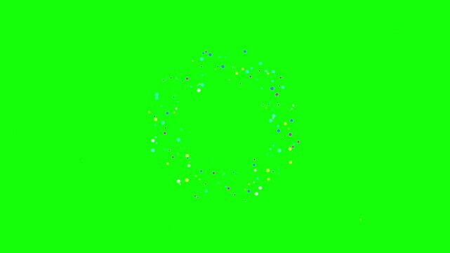 Colorful circular particle explosion with sparkling dots on green screen for festive motion graphic design