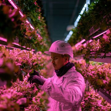 Indoor farm technician in pink hard hat inspecting magenta LED-lit plants