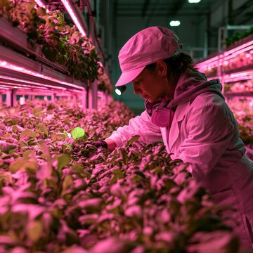 Farm worker in protective gear tending plants under bright pink grow lights