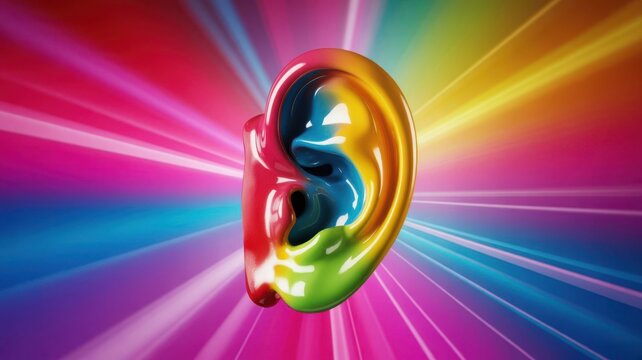 Glossy human ear sculpture with vibrant rainbow light ray background