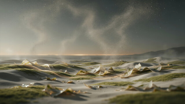 Futuristic data landscape with swirling particle clouds above rolling digital dunes futuristic terrain information flow abstract environment