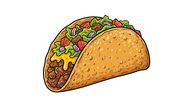 Traditional Mexican hard shell taco with beef cheese and vegetables vector illustration isolated on white
