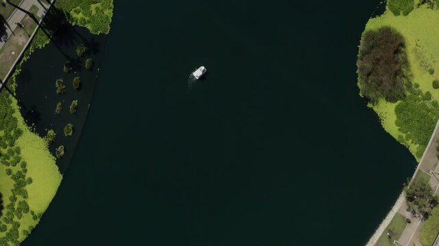 Aerial Forward Reveal of Swan Pedal Boat on Echo Park Lake