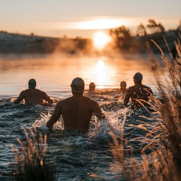 Group of wild swimmers entering natural water at sunrise with reeds