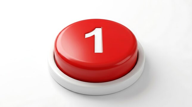 A shiny round red push button with the number one printed on top isolated on white background