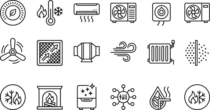 HVAC and Climate Control Line Icons Vector Set Air Conditioner Split System Heat Pump Smart Thermostat Radiator Heating Fireplace Air Purifier Ventilation Fan and Air Filter Symbols Flat