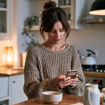 Concerned woman at home looks down at smartphone screen displaying suspicious message with anxiety expression in warm kitchen lighting.
