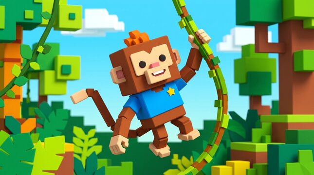 Cute blocky monkey character swinging on a jungle vine in a voxel-style forest, 3D cartoon illustration