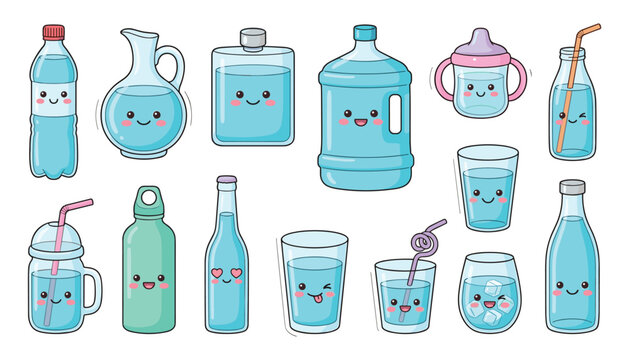 Cute Cartoon Kawaii Water Bottle and Glass Vector Set Featuring Beverage Containers Cooler Jug Mason Jar Sippy Cup and Ice Isolated on White Background