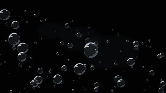 Shiny water bubbles rising up against black background in dynamic motion footage for cinematic effects