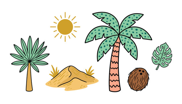 Cute Cartoon Tropical Island Vector Set Featuring Palm Trees Desert Sand Dune Sun Whole Coconut and Monstera Leaf Elements Isolated on White Background