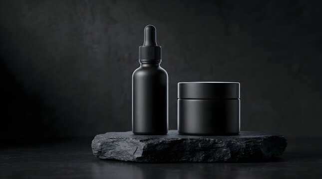 Matte black serum dropper bottle and cream jar standing on a dark stone slab against a dark background, elegant luxury product packaging mockup template for men skincare or premium cosmetics