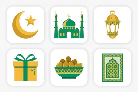 Eid festival icons set with crescent moon star, mosque, lantern, gift box, dates bowl and prayer mat flat vector illustration