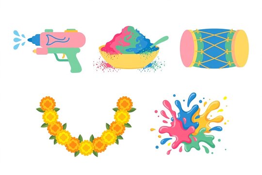 Holi festival icons set with pichkari water gun, gulal color bowl, dhol drum, marigold garland and color splash flat vector illustration