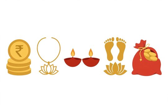 Dhanteras, Dhantrayodashi, Dhanatrayodashi, Diwali, Deepawali, festival of wealth, gold coins, stack of coins, Rupee, Indian Rupee, gold jewelry, necklace, gold necklace, lotus necklace, diya, oil lam