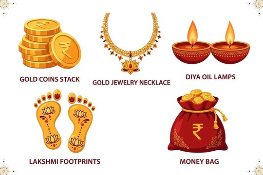 Dhanteras, Dhantrayodashi, Dhanatrayodashi, Diwali, Deepawali, festival of wealth, gold coins, stack of coins, Rupee, Indian Rupee, gold jewelry, necklace, gold necklace, lotus necklace, diya, oil lam