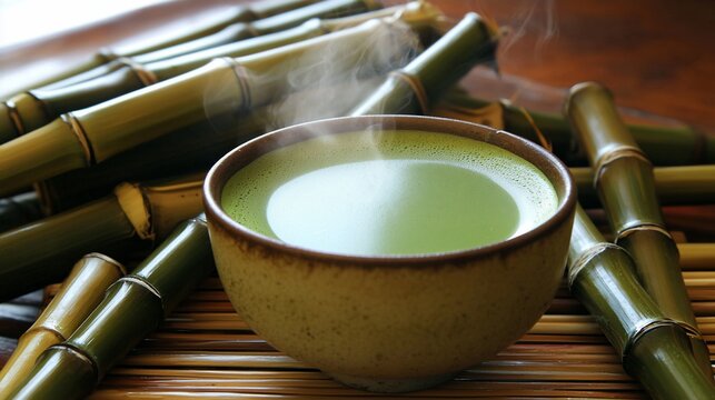 Steaming Hot Matcha Green Tea Bowl with Bamboo Stems