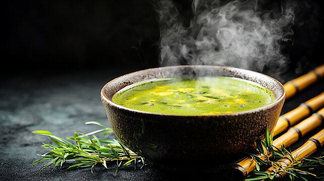 Steaming Bowl of Fresh Green Vegetable Soup with Bamboo Stalks