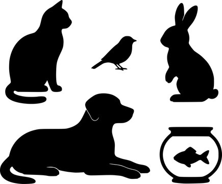 Black domestic pets silhouettes set including dog, cat, rabbit, fish and bird &ndash; design for veterinary clinic logos, pet shop banners, and animal care signage. Transparent EPS version.