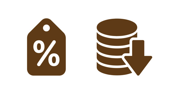 Brown of a price tag with a percentage symbol and a stack of coins with a downward arrow, isolated on a white background