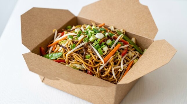 A tasty cardboard takeout box filled with freshly prepared vegetable lo mein noodles and colorful sliced vegetables