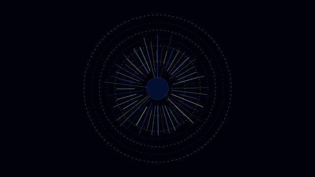 Abstract radial equalizer graphic with pulsing lines and dotted circles on black background motion