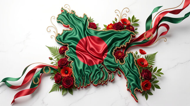 Bangladesh map shape filled with national flag fabric and red flowers on a transparent background