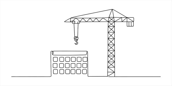 Continuous single line drawing of a construction crane and a building under development with a hook hanging down for lifting heavy materials and equipment