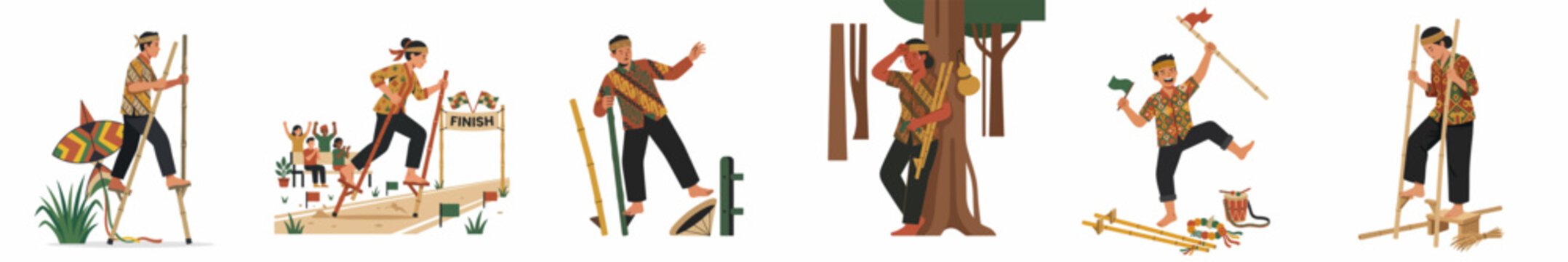 Vector illustration set of a man in traditional Southeast Asian attire performing various activities, including walking on bamboo stilts and woodworking tasks.