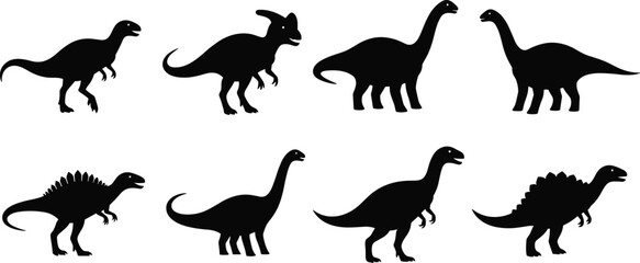 Obraz premium Diverse Dinosaur Silhouettes Collection: Various Prehistoric Creatures Including Tyrannosaurus, Stegosaurus, and Brontosaurus for Educational and Kids' Designs