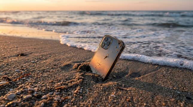 Damaged smartphone left on wet beach near ocean waves