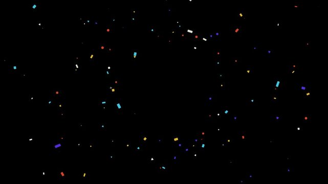 Colorful confetti explosion scattering in circular pattern against black background for festive motion clip