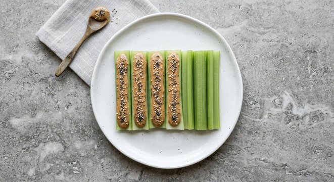 Healthy snack of fresh green celery sticks filled with almond butter and topped with chia and sesame seeds on a white plate, flat lay top view of nutritious vegan food on grey marble background.