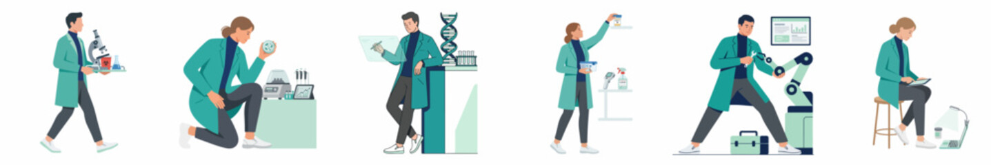 Obraz premium Collection of flat vector illustrations depicting male and female scientists working with modern equipment in a laboratory setting.