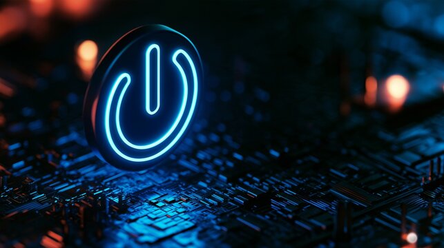 3D illustration of a neon blue power button and electronic circuit board
