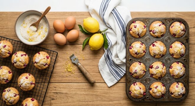 Homemade Freshly Baked Cranberry Lemon Muffins in a Vintage Muffin Tin and Cooling Rack with Raw Ingredients, Citrus Zest, Whole Eggs, and Fresh Lemons on a Rustic Wooden Tabletop Surface